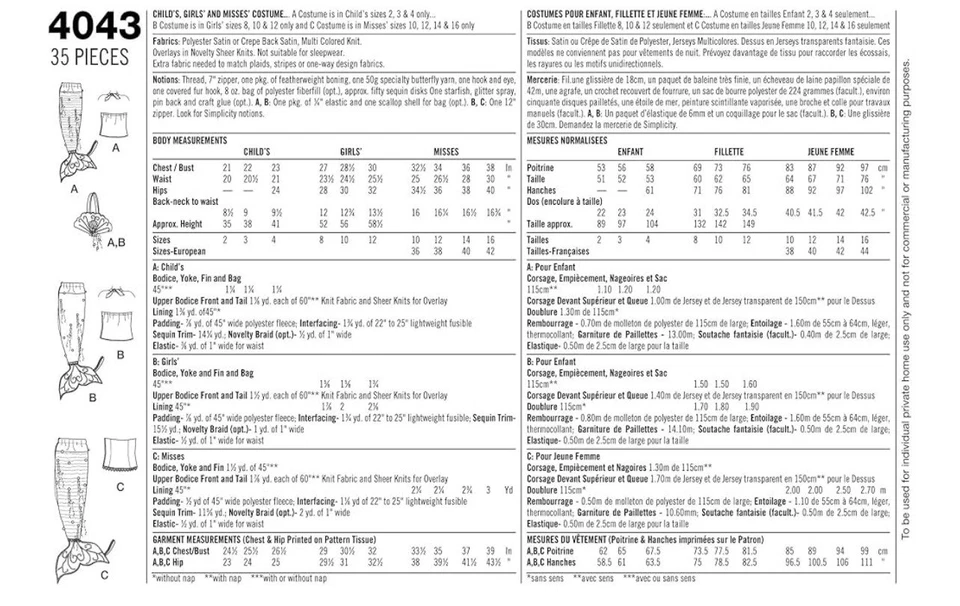 Simplicity 4043 Mermaid Costume Child 2 3 4 Girl 8 10 12 Miss 10 12 14 16 UNCUT - Image 3 of 3