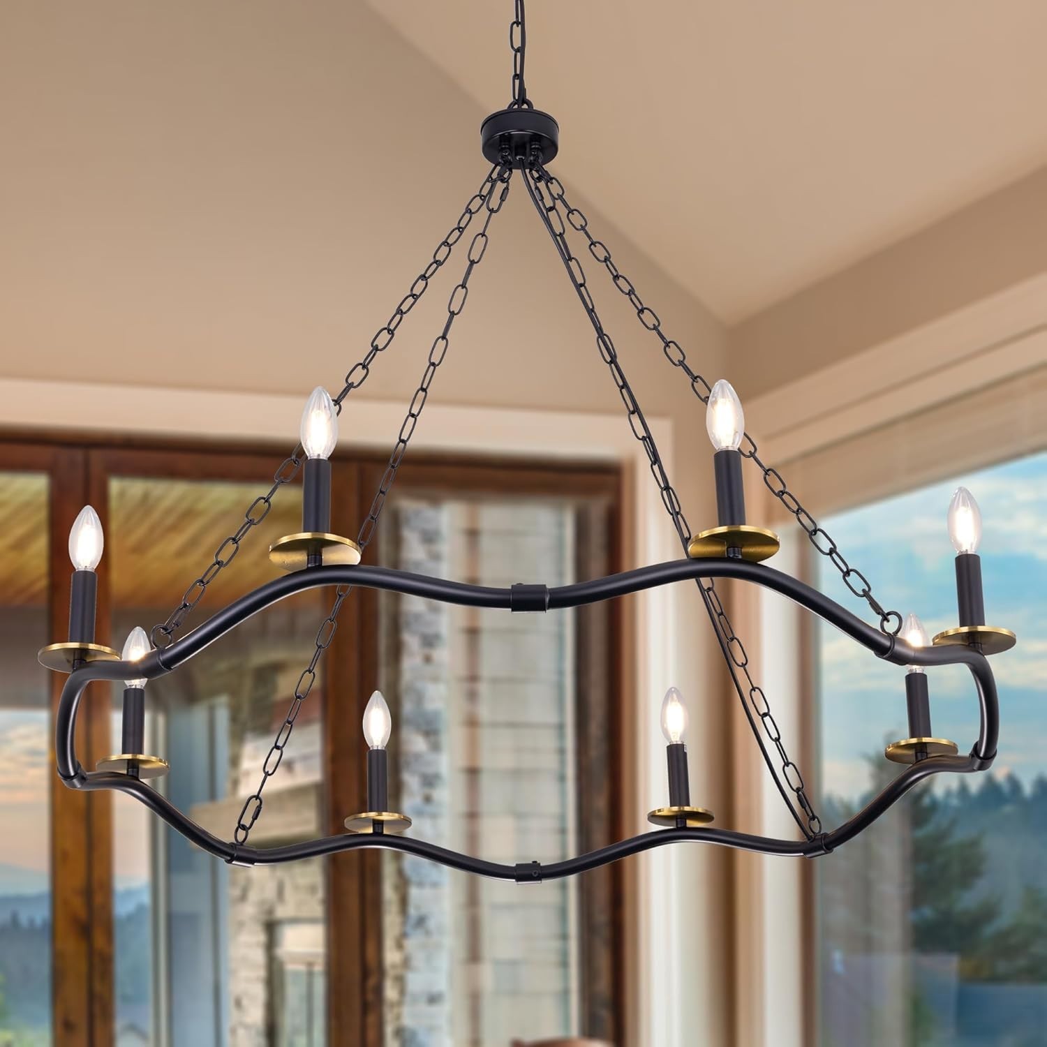 TOCHIC 8-Light Wagon Wheel Chandelier | Black Gold Farmhouse Fixture