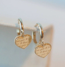 10ct Solid Gold 'I Love You' Heart Charm Huggie Hoops  Earrings - 9K, 10K, Love