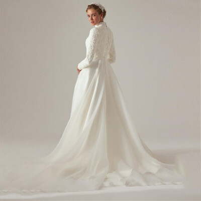 Muslim Exquisite High Collar A-line Wedding Dresses Lace Appliques Bride Gowns