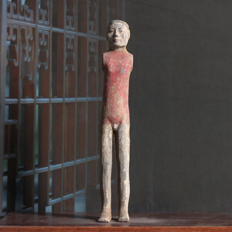 Old China Han Dynasty Pottery Painting Stand Men and Woman Figure Statue - Image 2 of 4