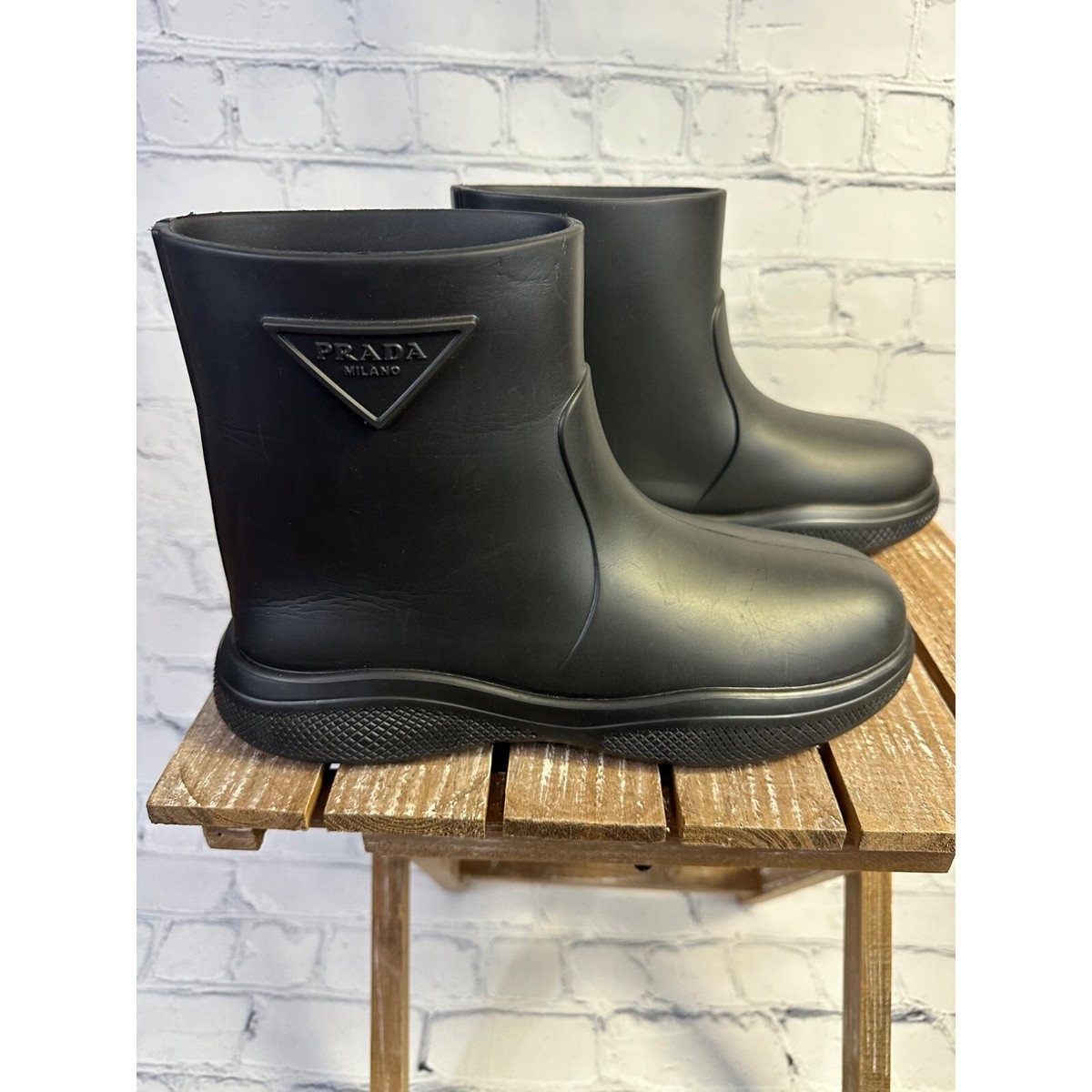 Prada Rubber Logo Pull-On Rain Booties | eBay