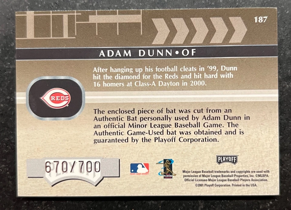 2001 Absolute Memorabilia Adam Dunn #187 670/700 - Image 2 of 2