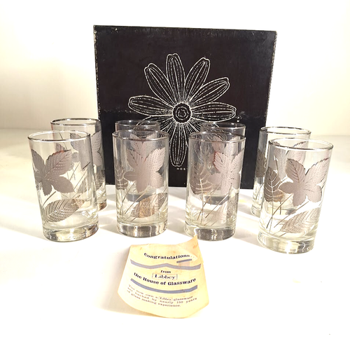 Hostess Styled By Libbey 12 Oz 8 Silver Frosted Foliage Glassware Vintage Box - Picture 3 of 16