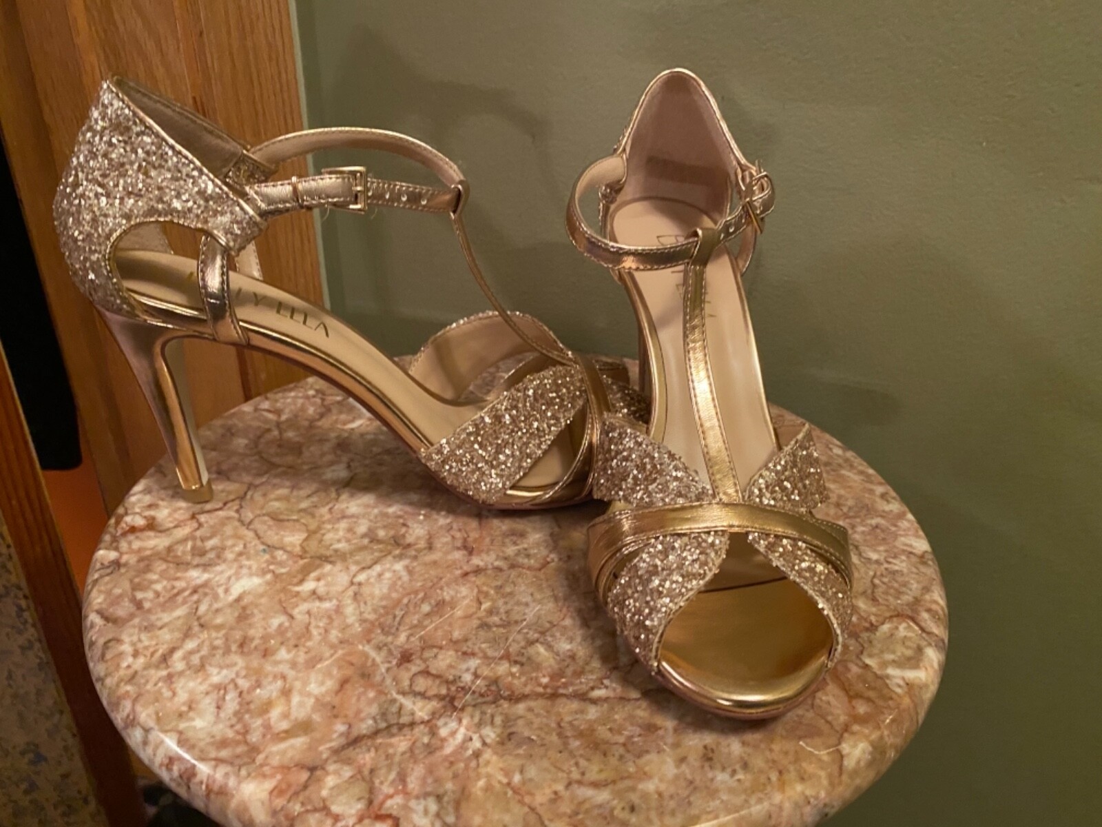 BILLY ELLA SIZE 9 T-STRAP GLITTER HEELS ROSE GOLD VEGAN WEDDING BRIDAL  FORMAL | eBay