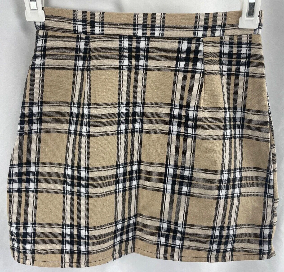 Tan black and white plaid clearance skirt