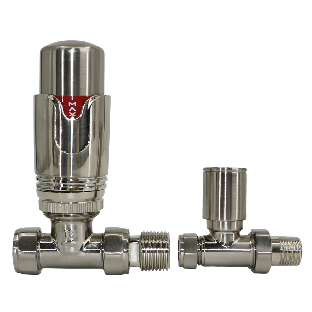 Thermostatic Radiator Valves Heated Towel Rail Straight Satin Nickel TRV 15mm