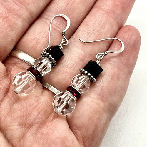 Swarovski Beaded Snowman Earrings Sterling Wire Hooks Red Crystal Scarf 1.75” - Picture 4 of 12