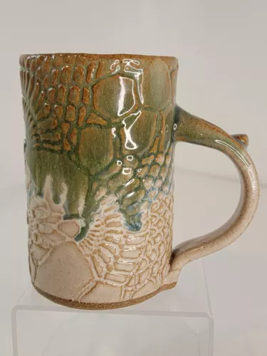 Signed Large Coffee Cup Beer Mug  Art Studio Pottery Textured Blue Green Cream