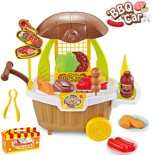 BeebeeRun 31PCS BBQ Cart Play Set, Activity Kitchen Pretend Food Playset Trolley