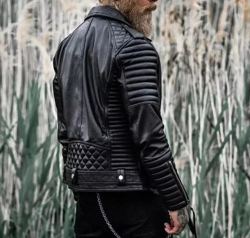 Chaqueta de cuero acolchada de piel de cordero real estilo motociclista calce ajustado para hombre - Imagen 4 de 10