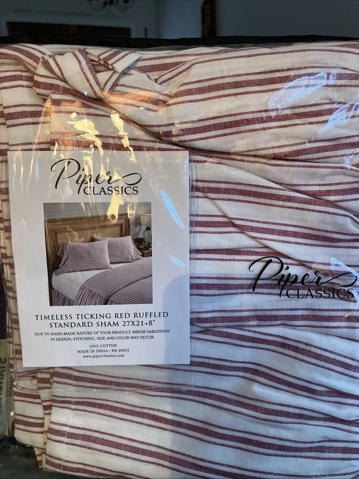 Juego de colcha a rayas rojas tictac atemporal Piper Classics Queen y fundas Foto 3 de 3