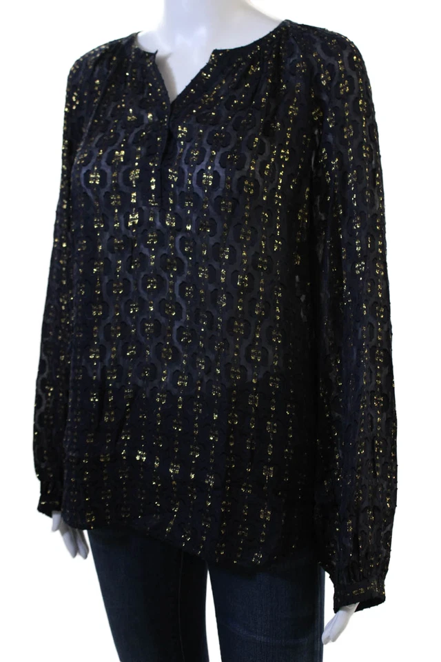 Blusa túnica mujer J Crew azul oscuro geométrica cuello redondo manga larga talla 14 Foto 2 de 4