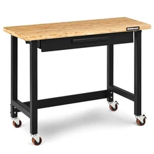 48 Inch Mobile Workbench Bamboo Top Modern w/Rubber Wheels and Organizer Drawer