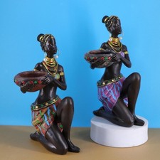 African Sculpture Tribal Lady Statue Tea Light Candle Holder Tabletop Ornament