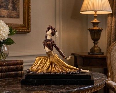 Bronze Skulptur Art déco Tänzerin - signierte Frauen Figur auf Marmorsockel