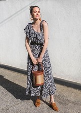 Ganni Roseburg Crepe Dress Maxi Tie Strap Total Eclipse Navy Leaf Print US 4