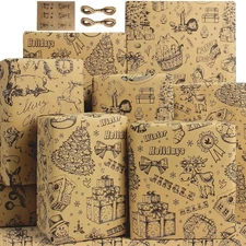Vintage Kraft Christmas Wrapping Paper Set - Thick Brown Black Holiday Gift Wrap