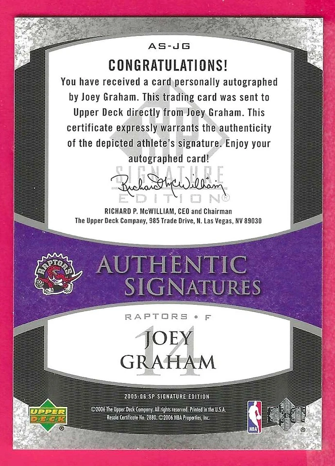 2005-06 Upper Deck SPAuthentic Signatures Joey Graham OSU Cowboys & Raptors - Image 2 of 4