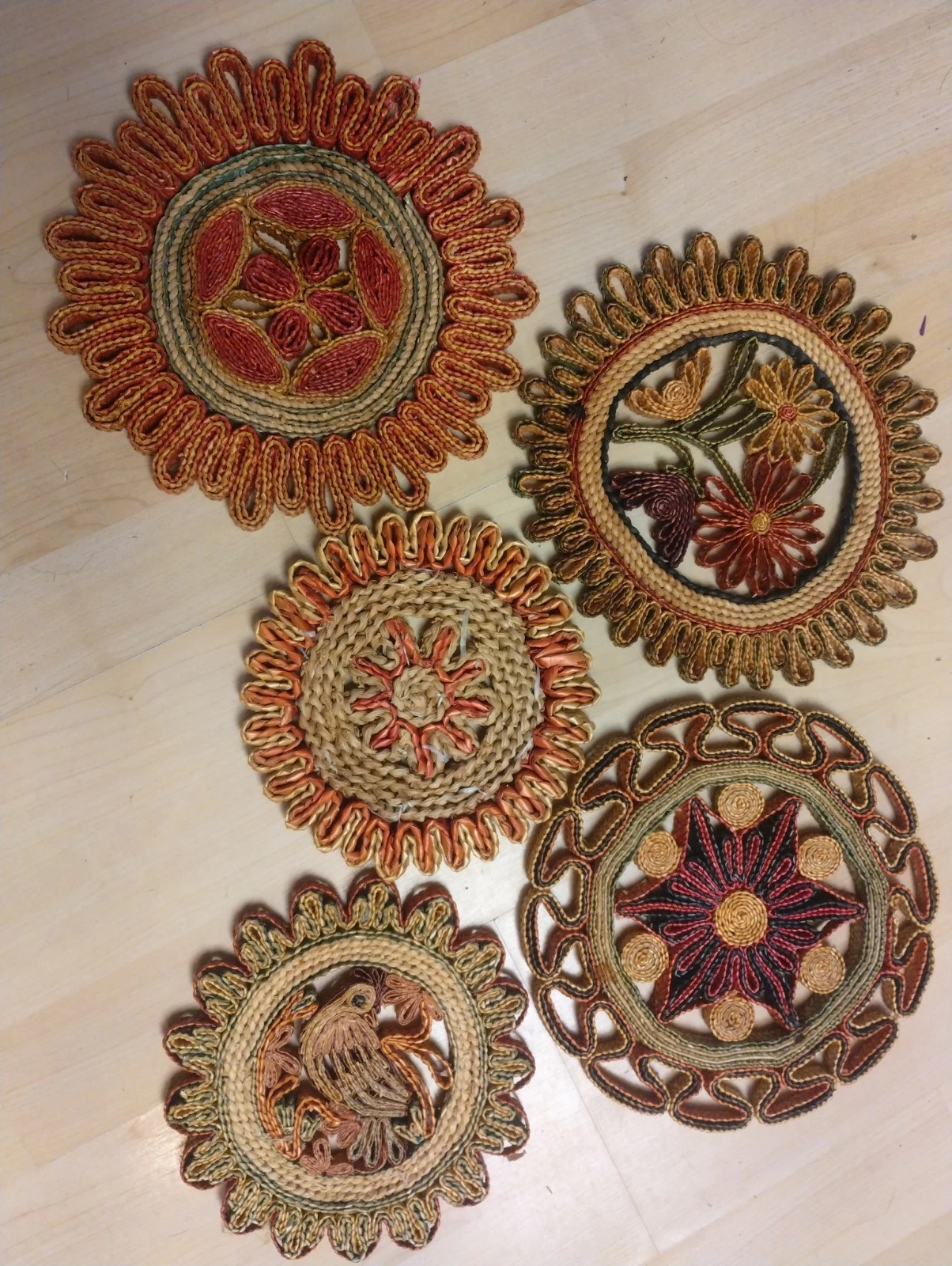 5 Vintage Raffia Trivet Straw Hot Pad Woven BOHO  Wall Hanging  image 1