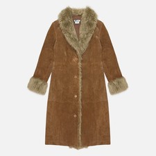 Vintage 90s B. Lucid Tan Brown Suede Patchwork Fur Boho Hippie Penny Lane Coat