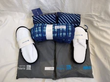 NEW United Airlines Brooks Brothers Amenity Kits Pajamas Saks Blanket Slippers