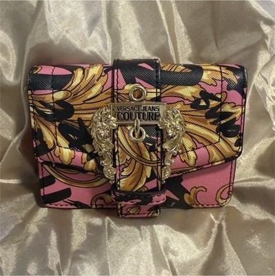 Versace Jeans Couture Baroque Print Mini Shoulder Bag Gold Chain Pink Black