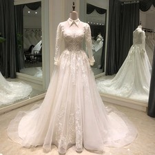Classic Wedding Dresses With Long Sleeve High Neck Applique Lace Up Tulle Gowns