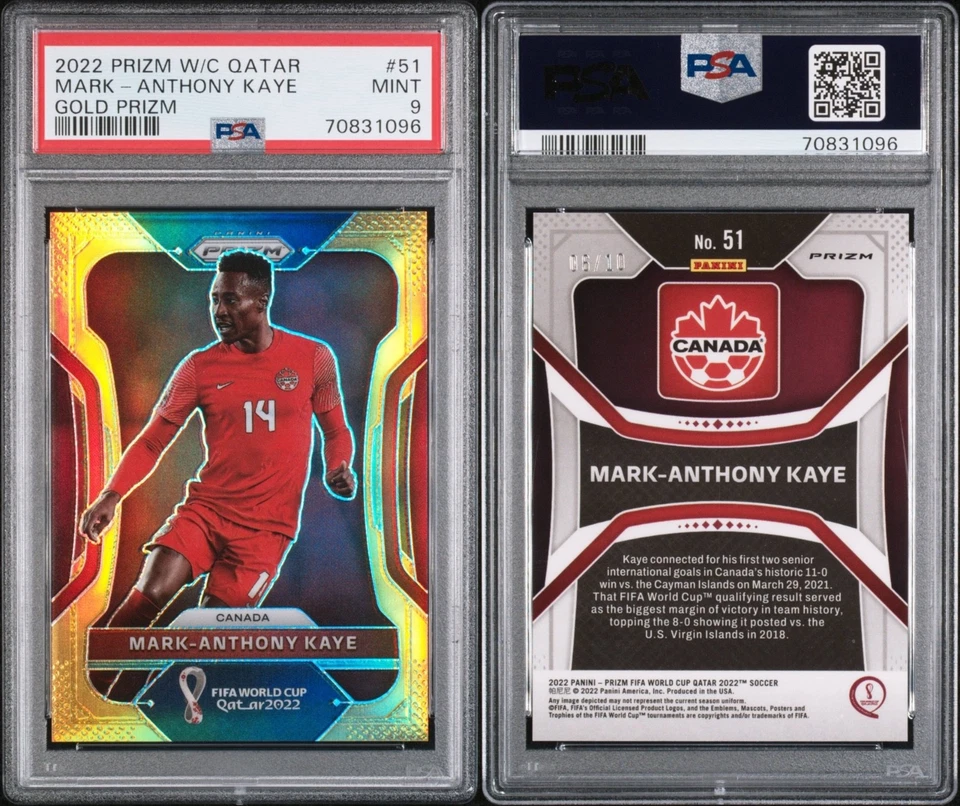MARK-ANTHONY KAYE 2022 Panini Prizm World Cup Gold Prizm 06/10 PSA 9 Mint - Image 3 of 3
