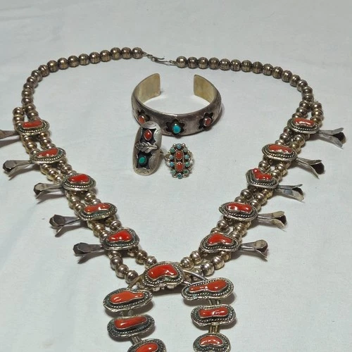 Vintage Sterling Silver Coral Squash Blossom Necklace & Turquoise Rings & Cuff
