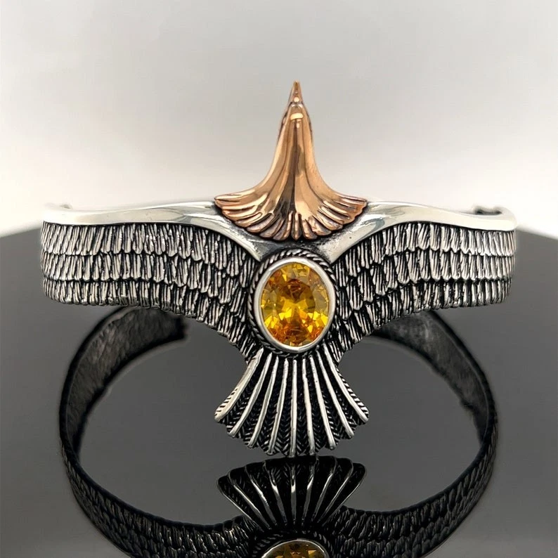 Brazalete Brazalete Águila Plata de Ley con Acento Citrino y Cobre Hecho a Mano Unisex Foto 2 de 4