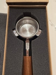 Crema Bottomless Portafilter Walnut Handle 58mm E61 w/ Basket & Box. New!