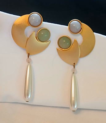 Vintage Edouard Rambaud Earrings Paris Half Moon Teardrop Faux Pearl Dangle