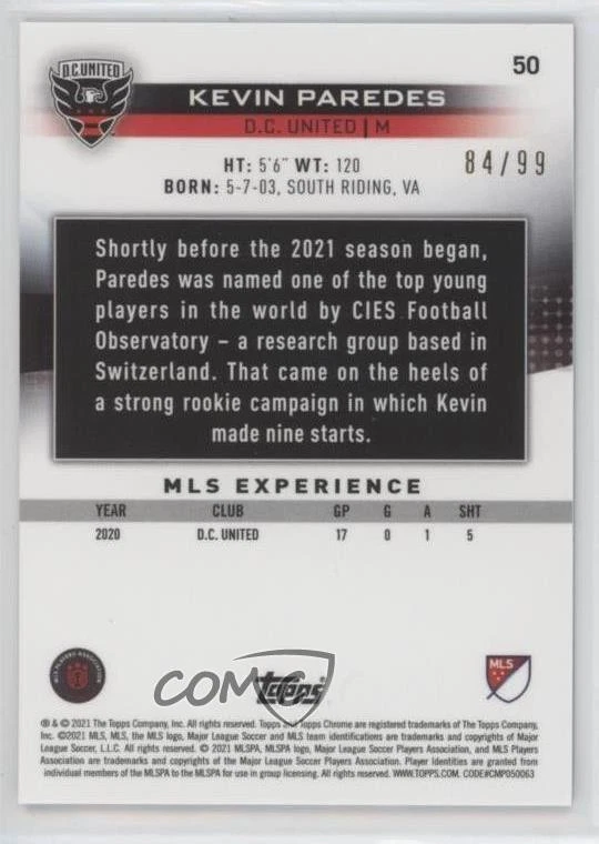 2021 Topps Chrome MLS Sapphire Edition Aqua /99 Kevin Paredes #50 - Image 2 of 2