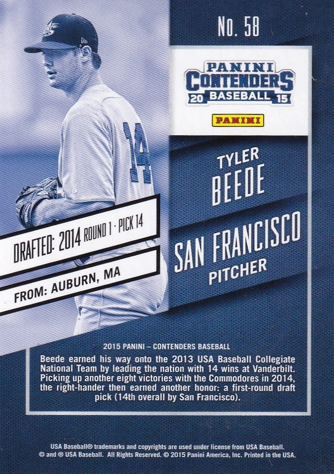 Boleto de temporada 2015 Panini Contenders Cracked Ice #01/23 Tyler Beede #58 raro SP Foto 2 de 2