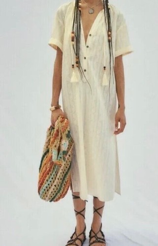 ZARA Dress Small Cream Cotton Embroidered Kaftan Tunic Bead Tassels Midi BNWT - Picture 9 of 21