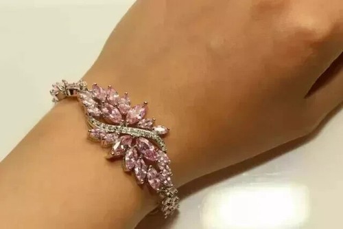 Women's Morganite Bracelet 8Ct Marquise Cut Lab-Created in 14K White Gold Plated - Picture 2 of 5