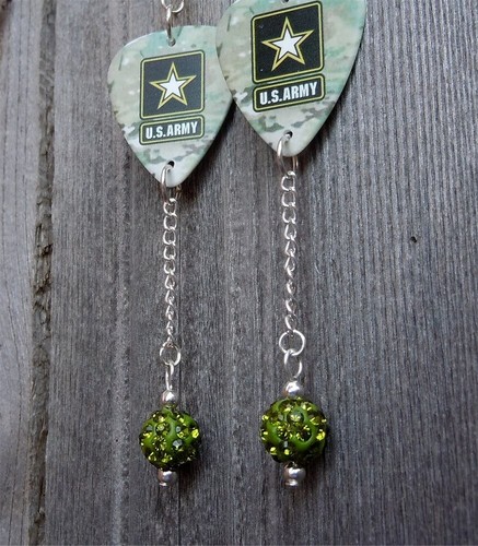 Army Emblem Camouflage Guitar Pick Earrings with Green Pave Bead Dangles - Picture 3 of 4