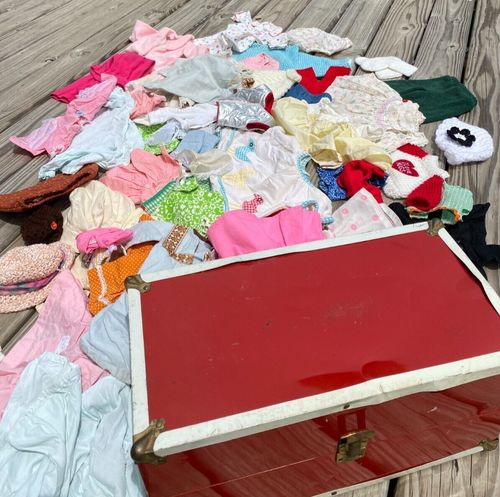 Vtg Red Metal Doll Wardrobe Case w 60+ Pcs Mostly Handmade Doll Clothing 60s70s - Picture 2 of 14