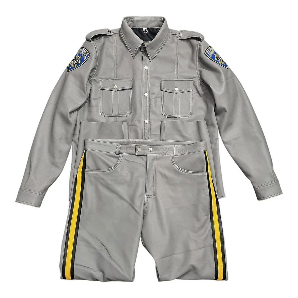 Men's Genuine Leather Highway Police Uniform Premium Gray Leather Jacket Pants - Image 2 of 4