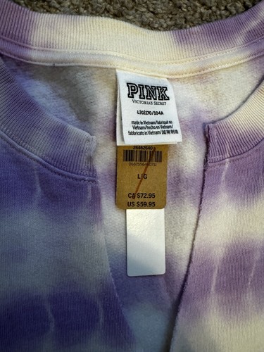 New Victoria Secret PINK Sweatshirt Tie Dye Purple White Sz LG Crewneck Spellout - Picture 7 of 7