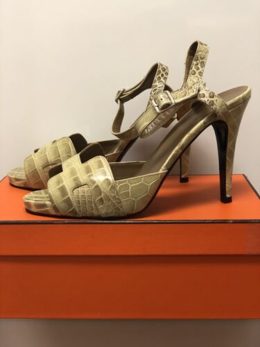 HERMES Paris Oran Première Crocodile H Women's Sandals Heels Shoes 
