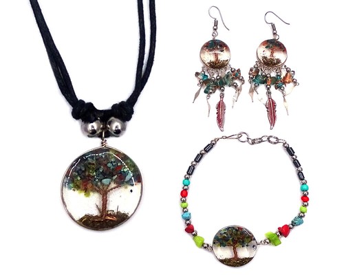 Tree of Life Chip Stone Feather Earrings Beaded Bracelet Necklace Jewelry Set - 第 3/3 張圖片