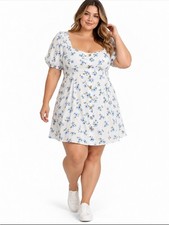 Old Navy Plus Size 2X Blue Floral Linen Blend Puff Sleeve Mini Dress Cottagecore
