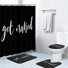 4 Piece Shower Curtain Sets with 12 Hooks, Get Naked Black with Non-Slip Rugs...