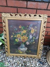 Large Vintage Oil On Canvas Still Life Flowers Signed