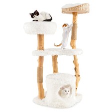 Elegant Solid Wood Cat Tree Tower with Cattail Basket - Multi-Level Design