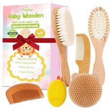 6 Piece Baby Hair Brush Comb Set, Natural Bamboo Goat Bristle for Wood