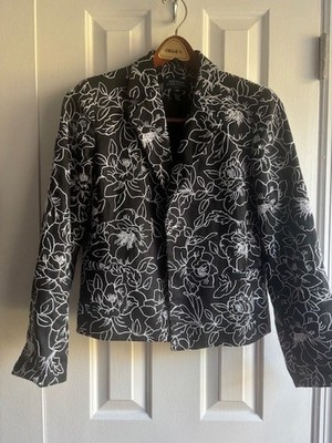 Jones New York Signature Blazer - 10  P Linen Black White Floral Career Classic
