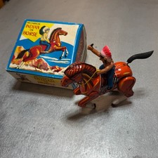 Vintage Wind Up Tin Litho Mechanical Indian On Horse w/Box - Made in Korea Works